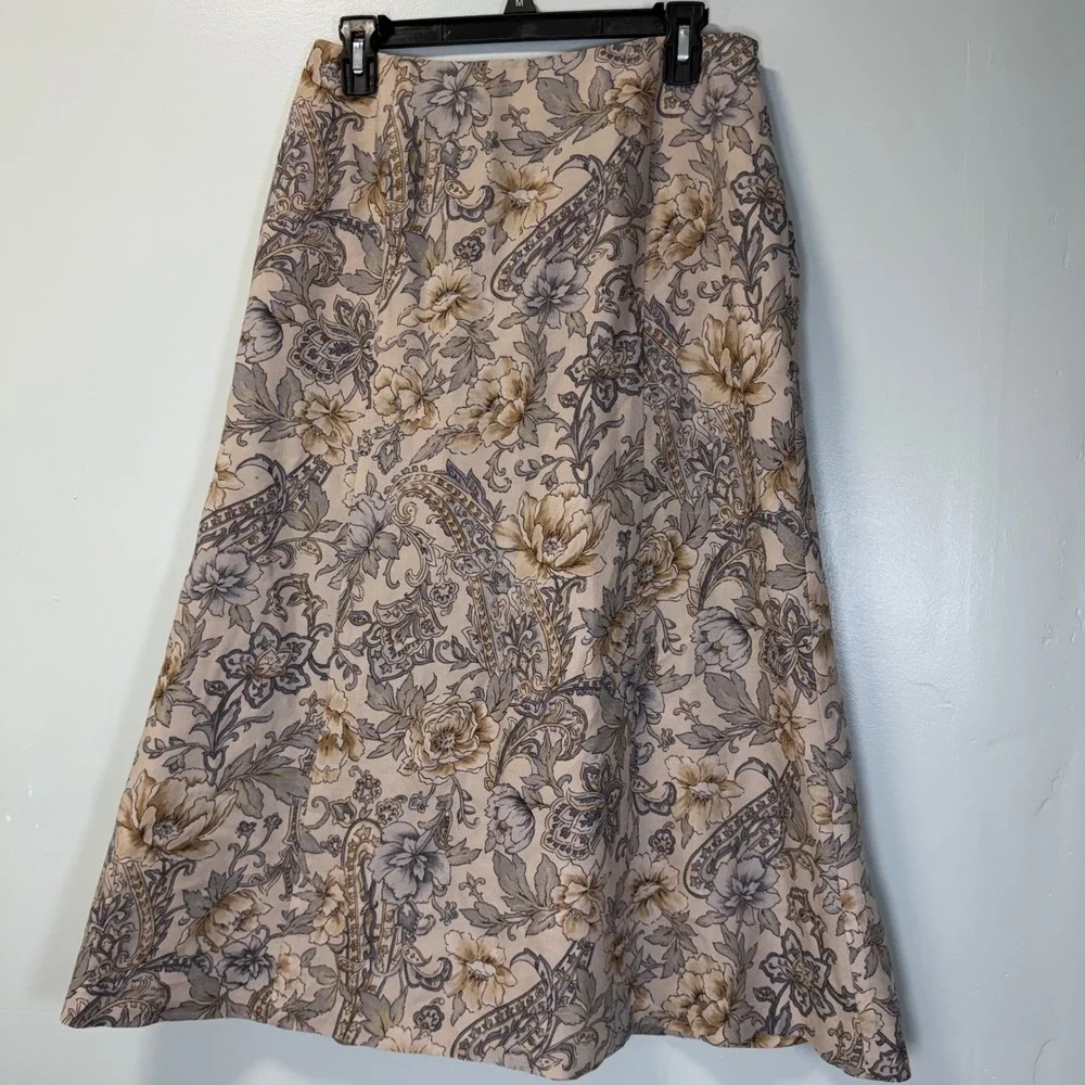Talbots Petites Vintage Wool‎ Floral Paisley Midi Skirt Beige Tan Grey Size 8P